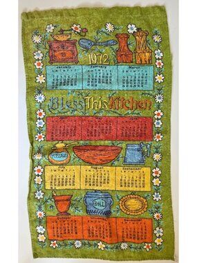 Vtg 1972 Tea Towel "Bless This Kitchen" Linen Calendar Floral & Kitchen Utensils